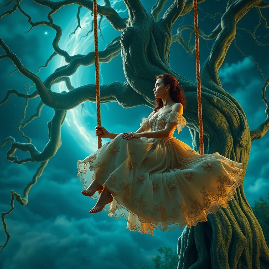 Ethereal Woman in Twisted Tree Swing Basks in Soft Blue Glow