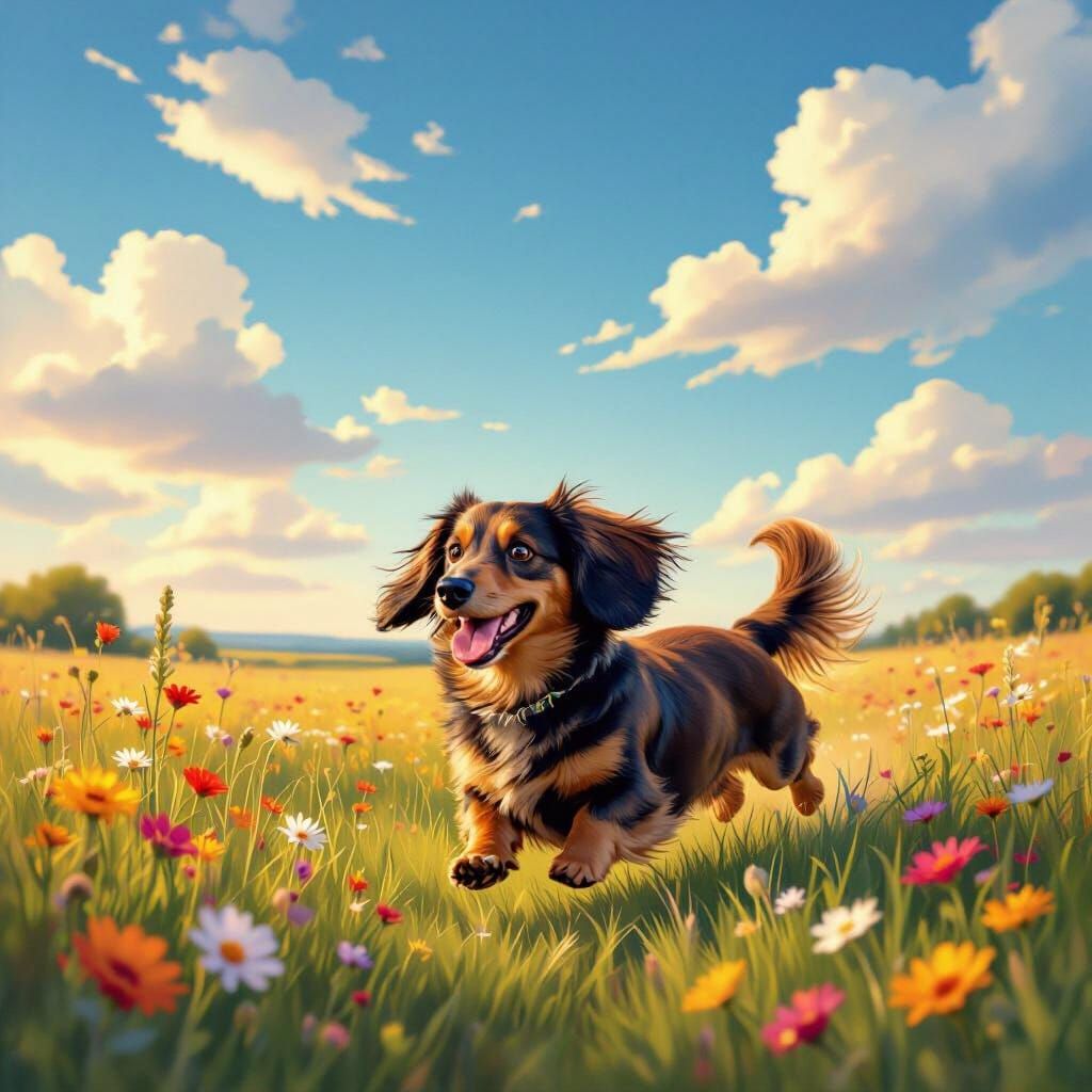 Dachshund Running Through Wildflower Meadow at Golden Hour