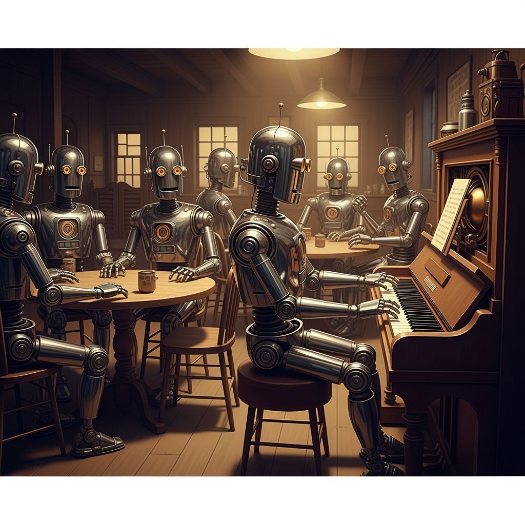 Retro Robots Enjoy Music in a Sepia-Toned Saloon