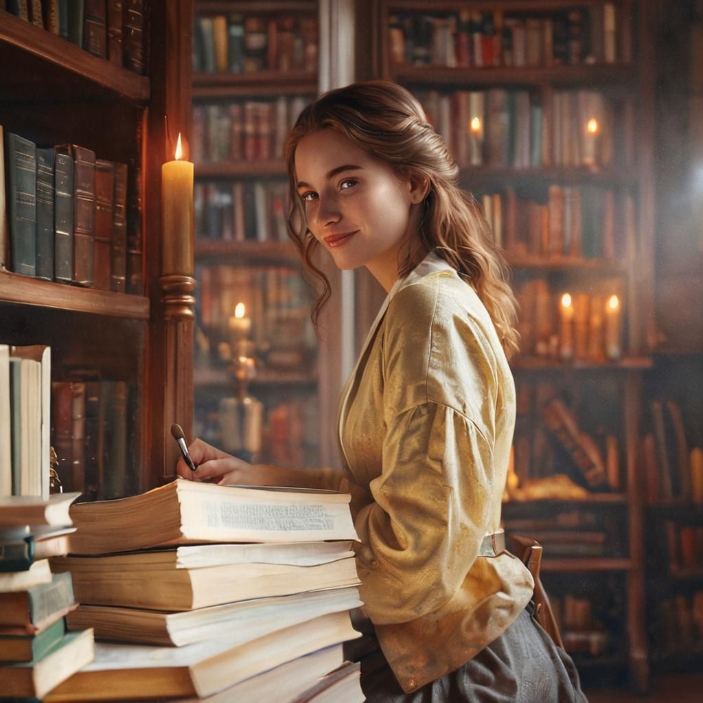 Woman in Library: Realistic Digital Painting