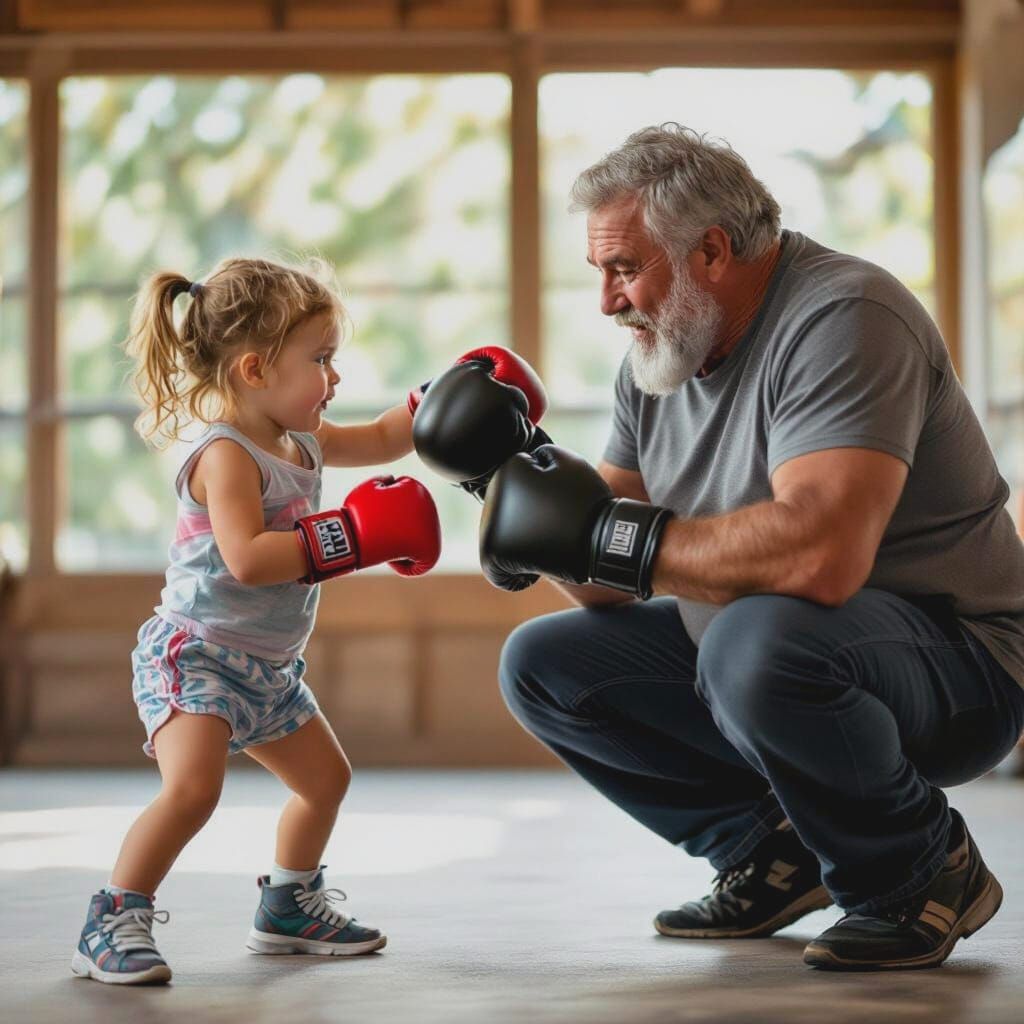 Adorable Girl Boxes with Her Granddad in Realistic Photo