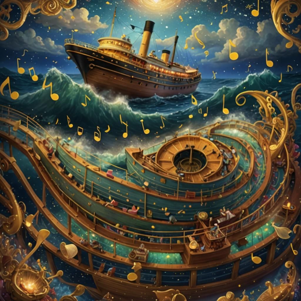 Steamboat Amidst Musical Notes in Digital Art