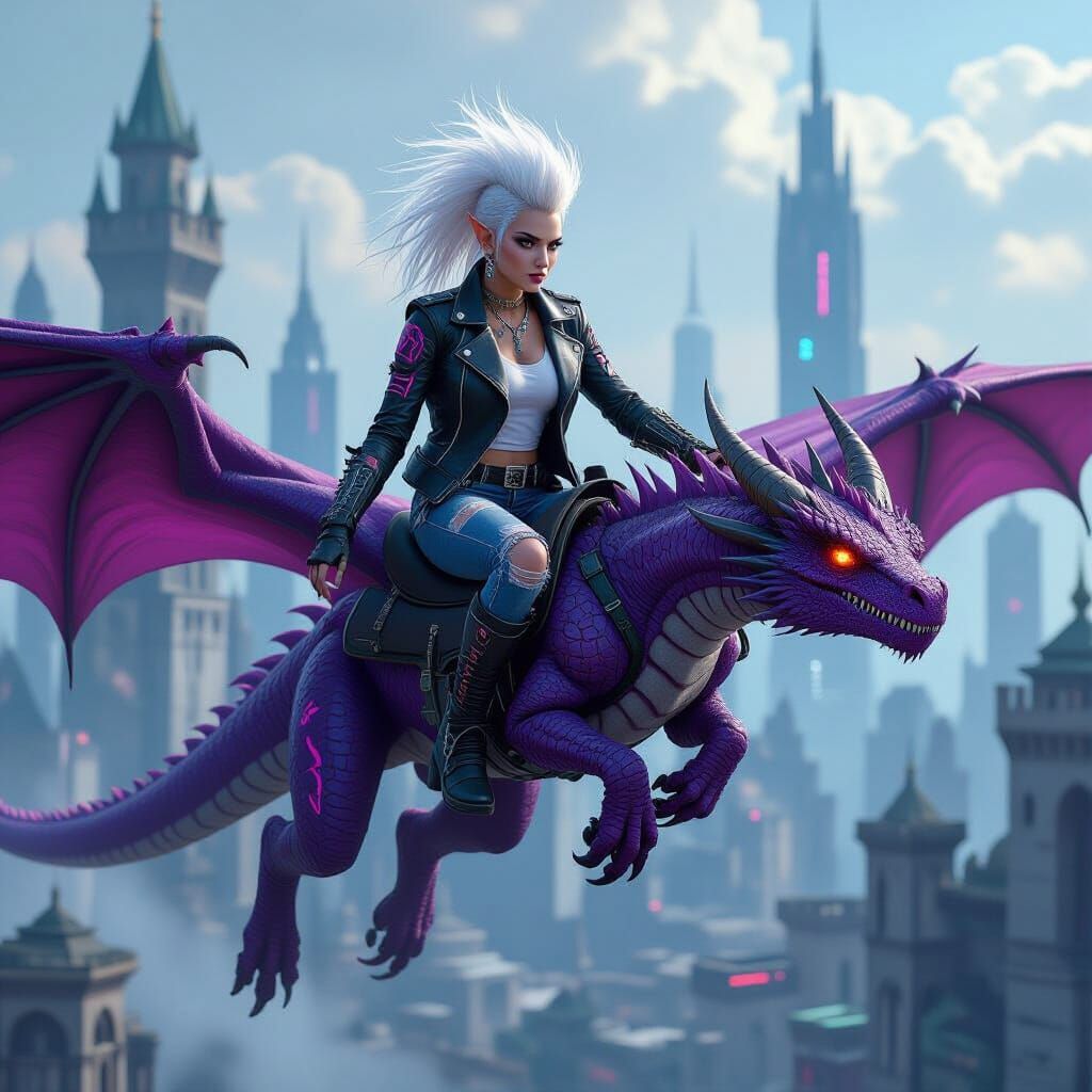 Elf on Dragon Soaring Over Cyberpunk Medieval City