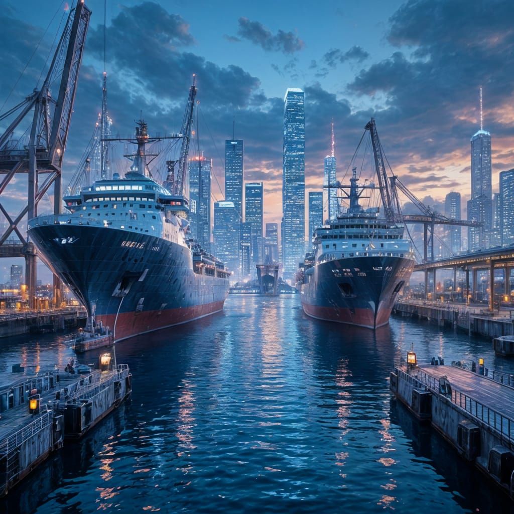 Futuristic Seaport with High-Tech Ships in Ultra-Realistic S...