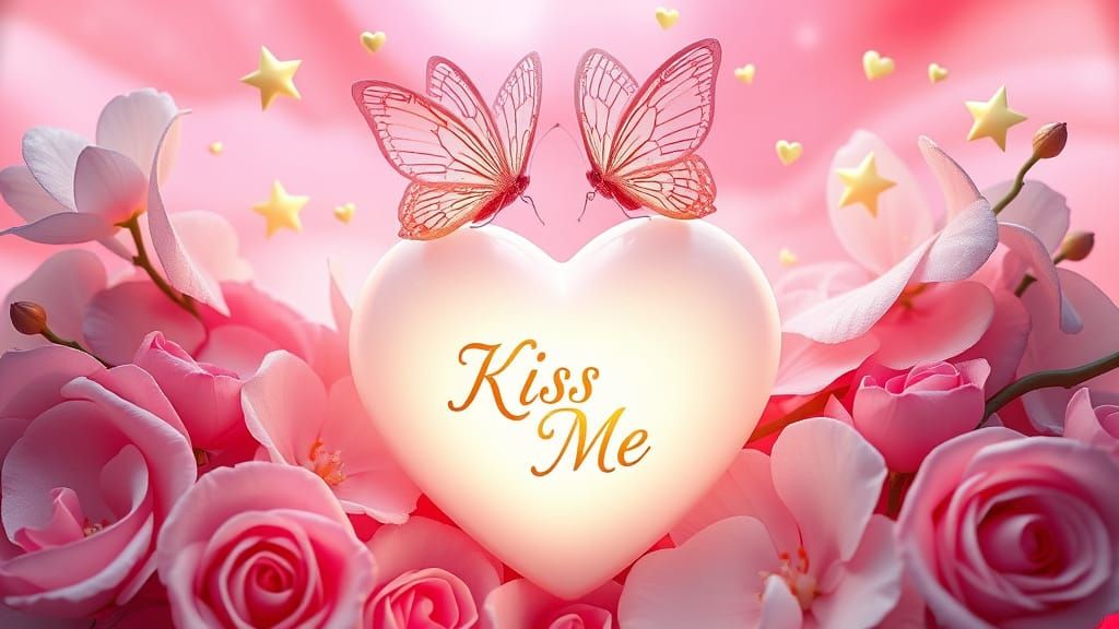 Delicate Gold Heart in Whimsical 3D Scene with Roses and But...