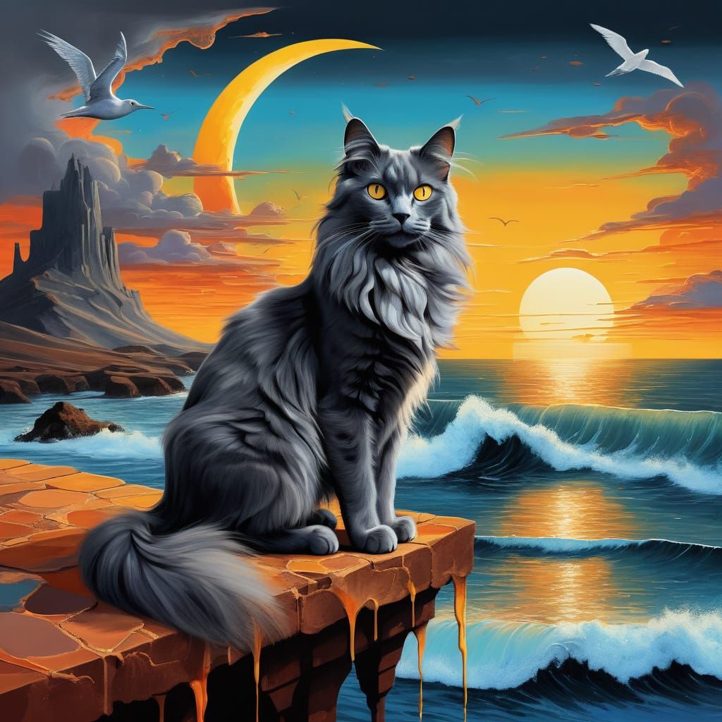 Nebelung Cat Overlooking Moonstone Ocean, in Surreal Style