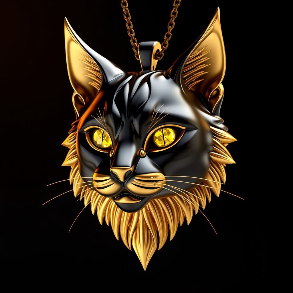 Luxury Black Cat Head Pendant in Shiny Gold