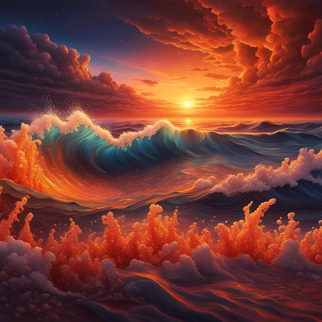 Crystallized Wave at Sunset: Digital Matte Painting