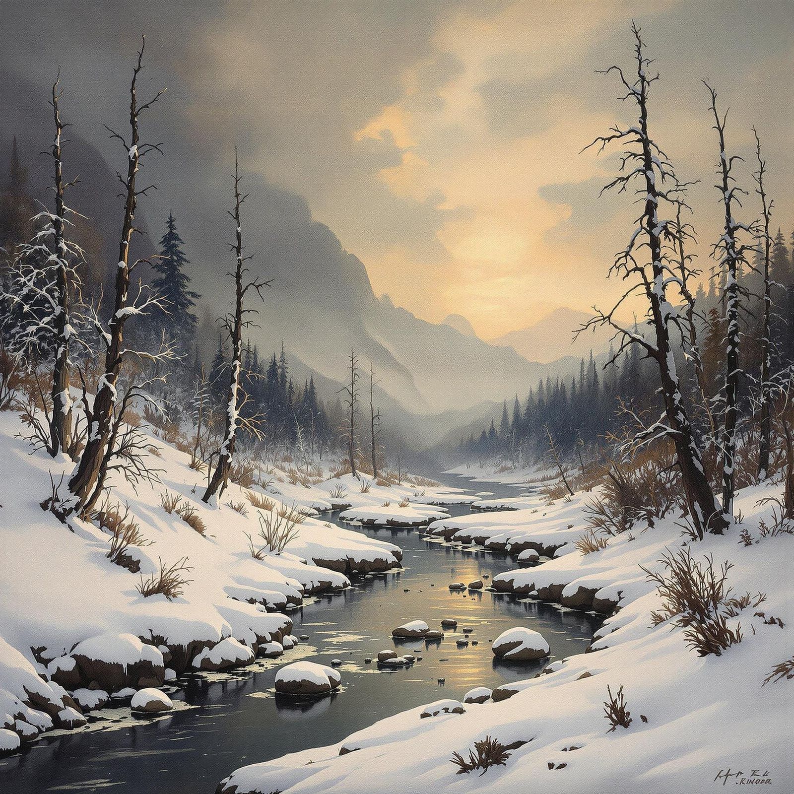 19th Century Winter Landscape in Gouache Style