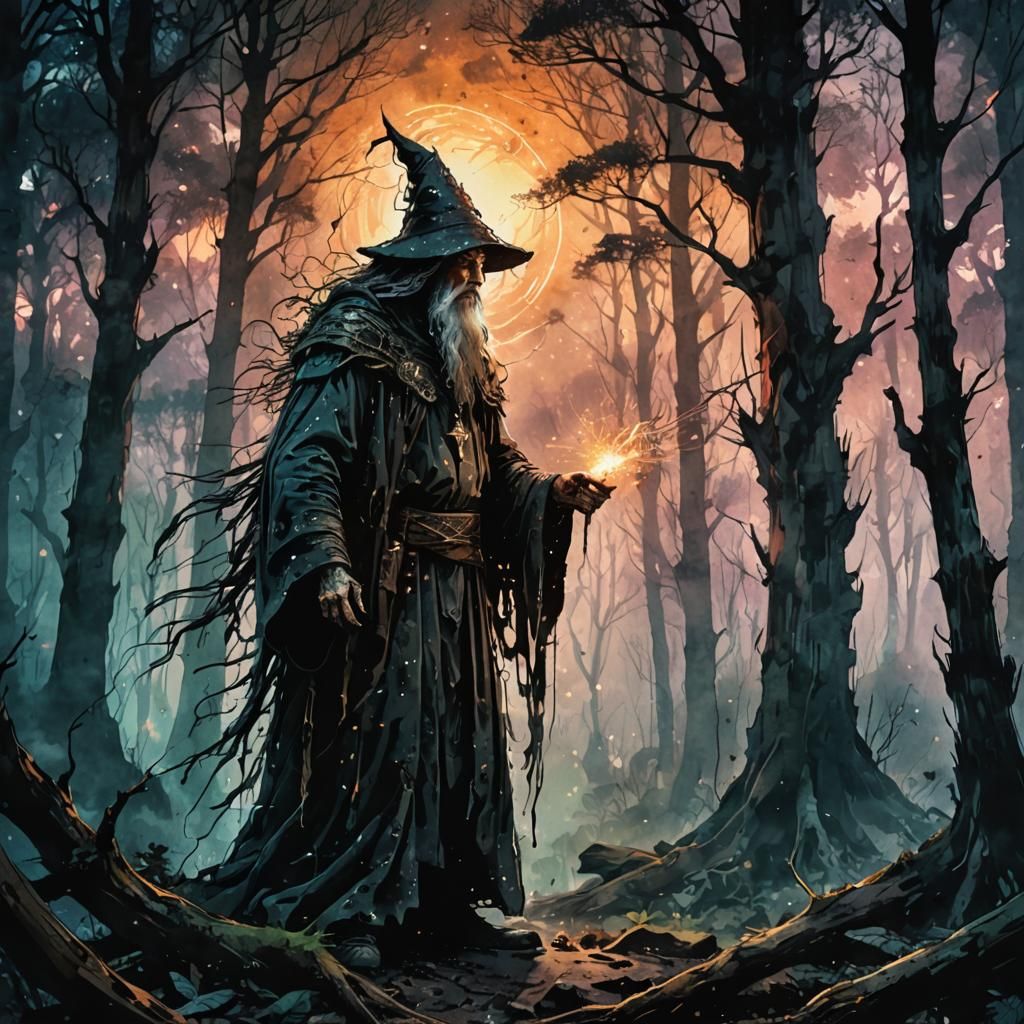 Powerful Wizard in Dark Forest: Digital Watercolor Art