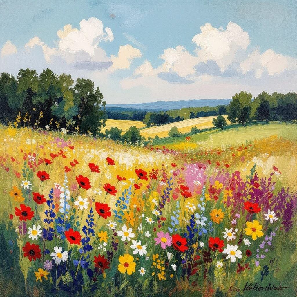 Wildflower Field with Forest, in Impasto Style