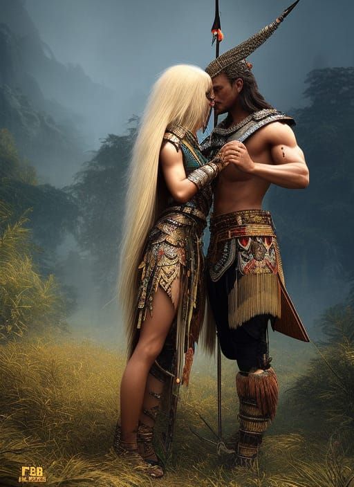 Tribal Warrior Girl and Lord Embrace: Fantasy Art