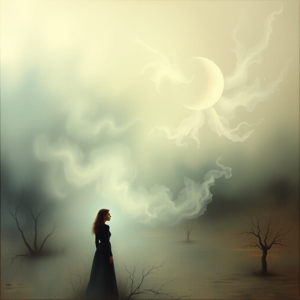 Surrealist Woman Lost in Haunting Dreamlike Landscape