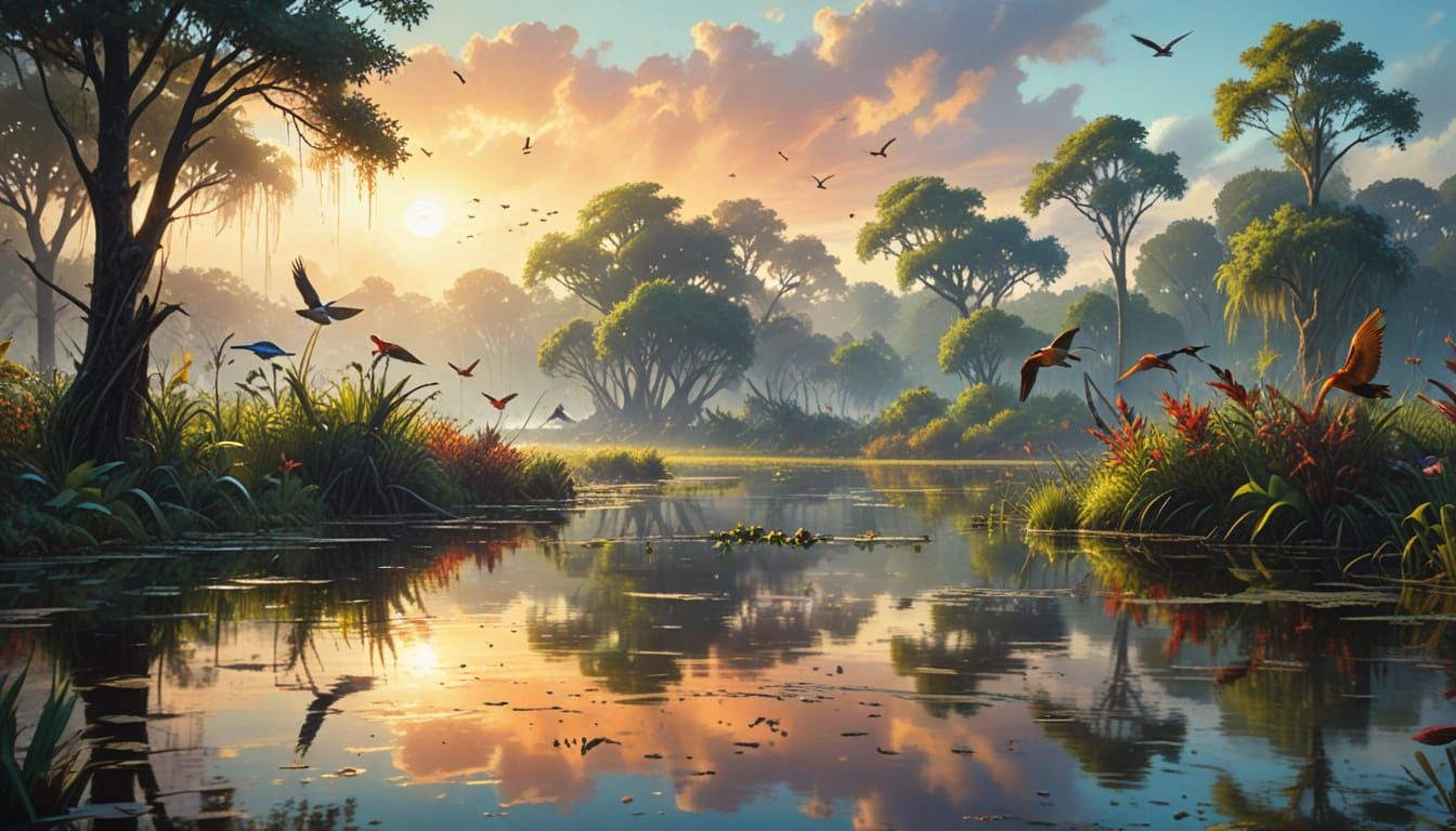 Wetlands Biodiversity in Vibrant Oil Painting Style