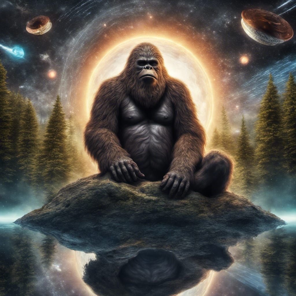 Bigfoot Meditating on World Tree with UFOs