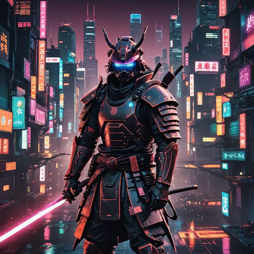 Cyberpunk Samurai Warrior in Neon Cityscape