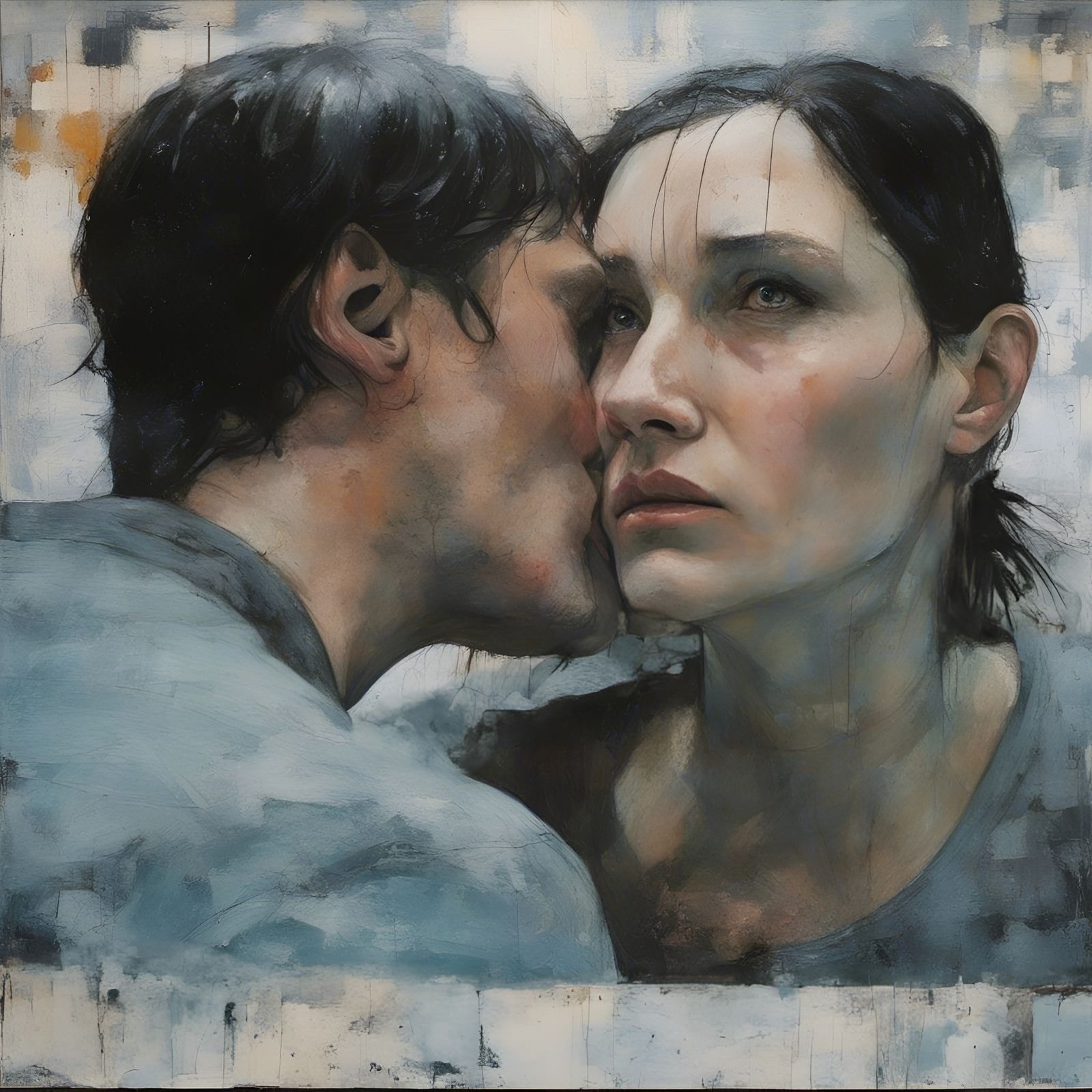 Expressive Frozen Figure on Sofa, Mixed Media