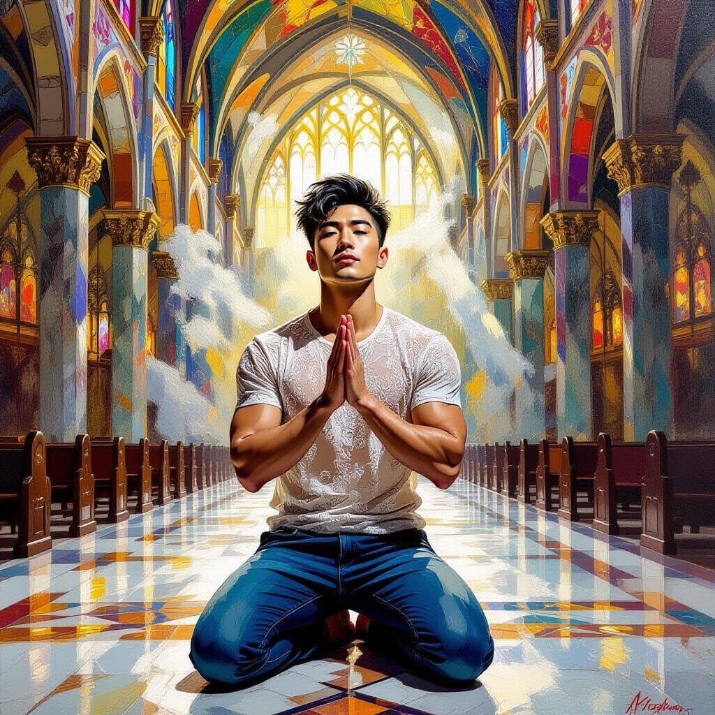 Gay Man Kneels in Celestial Cathedral Neo-Impressionist Styl...