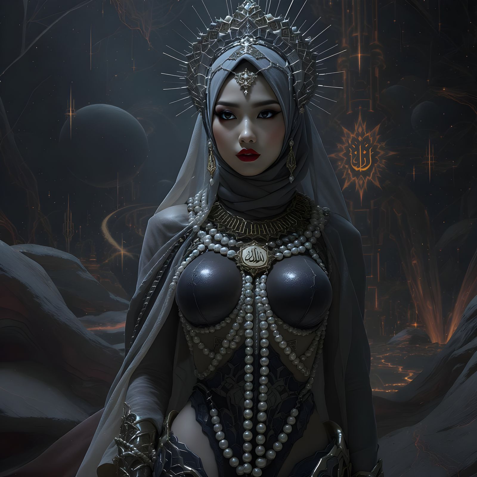 Futuristic Asian Woman with Pearl Bikini Chain and Hijab