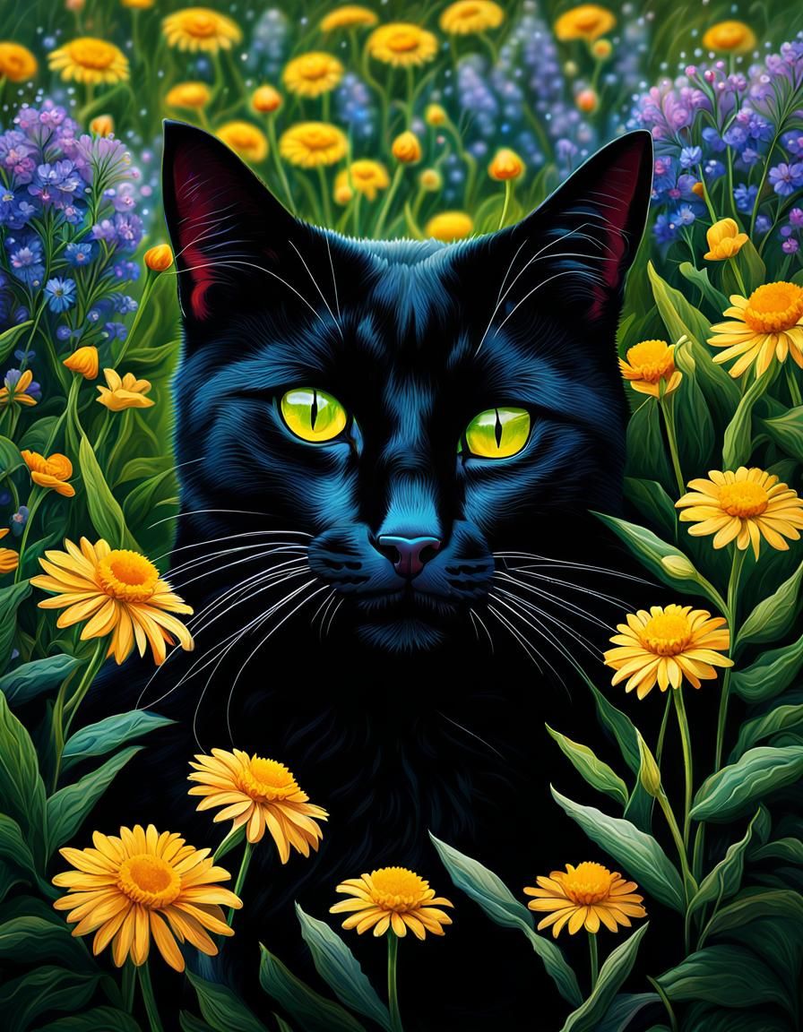 Black Cat Sunning in Wildflowers, Astral Illustration