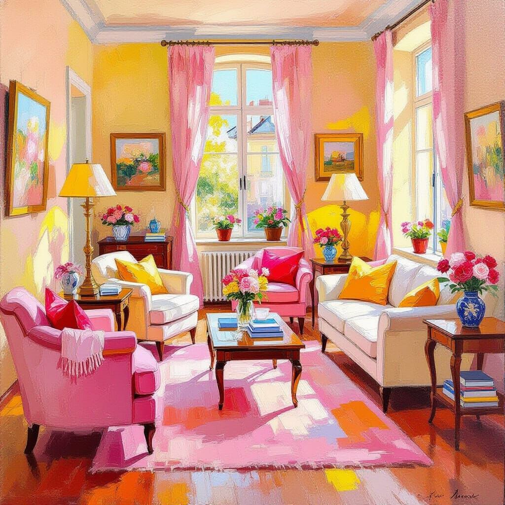 Cozy Modern Interior Oil Painting in Pink and Yellow Tones