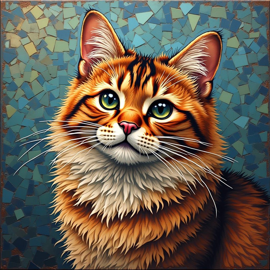Fluffy Cat in Mosaic Art Deco Style