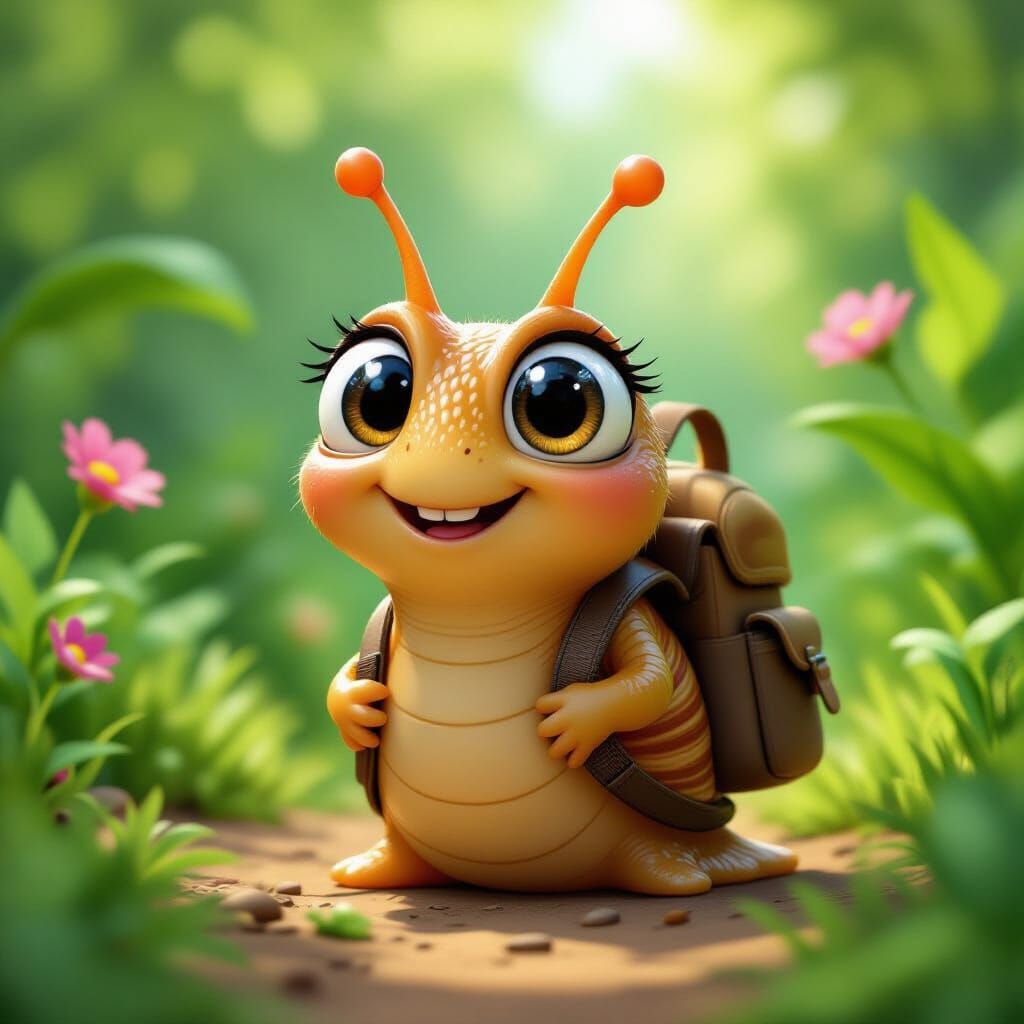 Curious Snail in Pixar Disney Cartoon Style