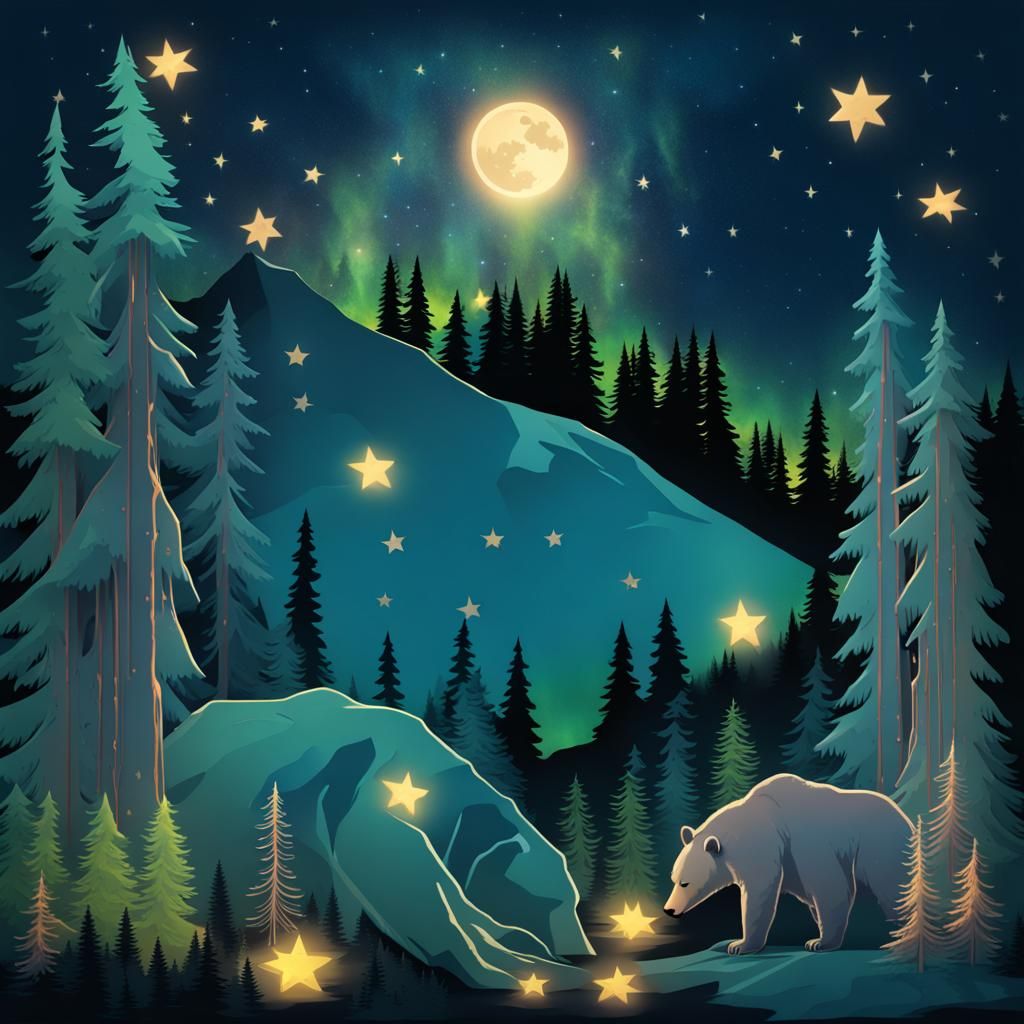 Bear Gazing at Aurora Borealis Over Forest