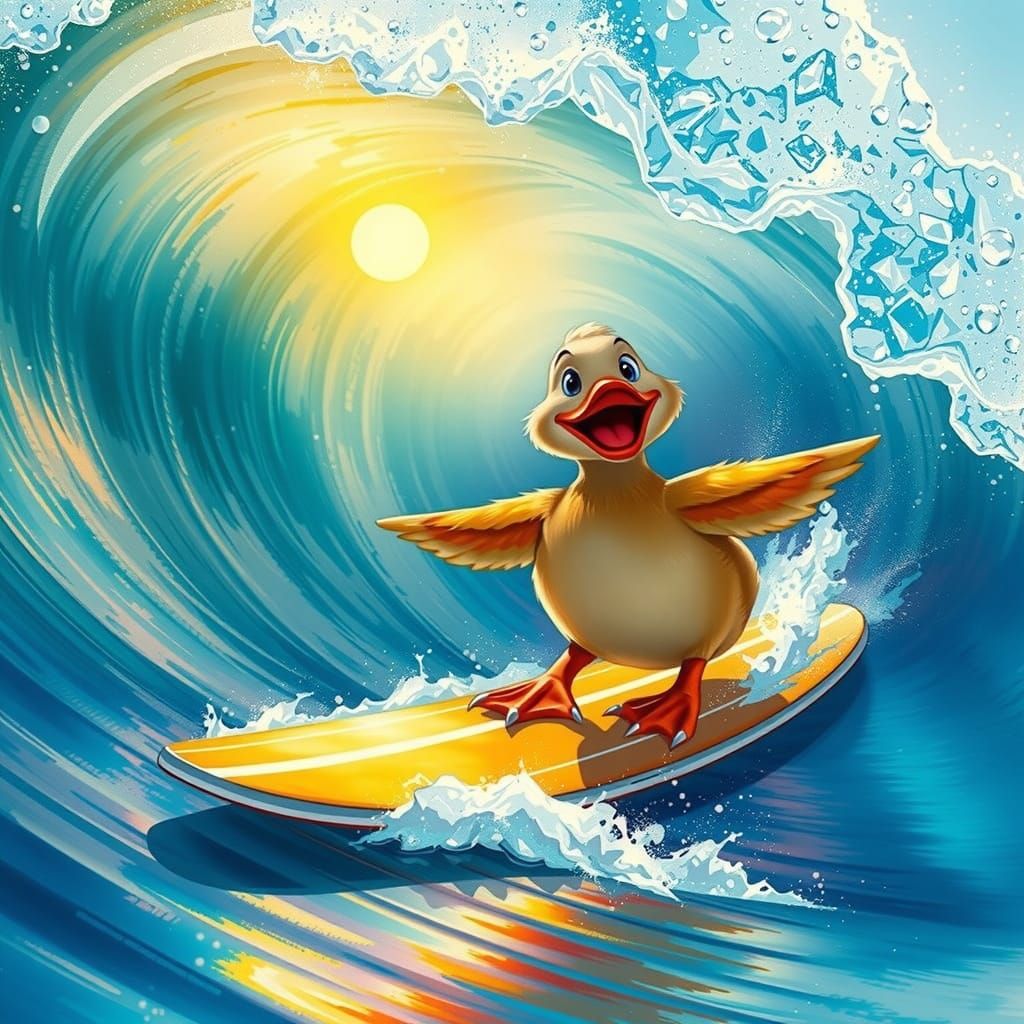 Duck Riding a Whimsical Wave in Fantasy Concept Art Style