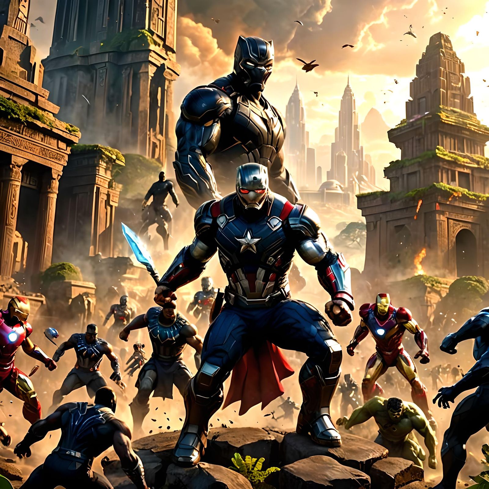 The Avengers Battle Black Panther: Detailed Matte Painting