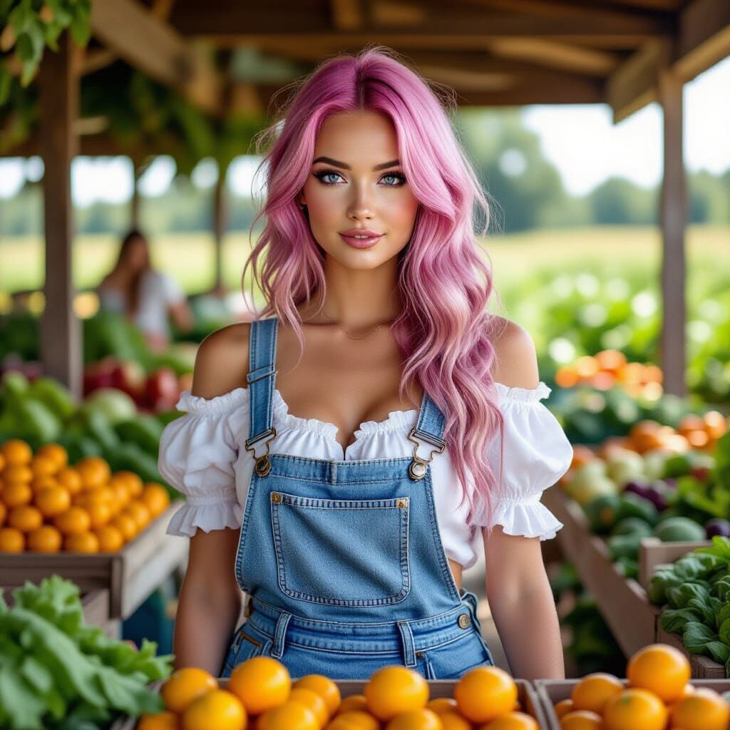 Pink Haired Woman Shopping at Farm Stand