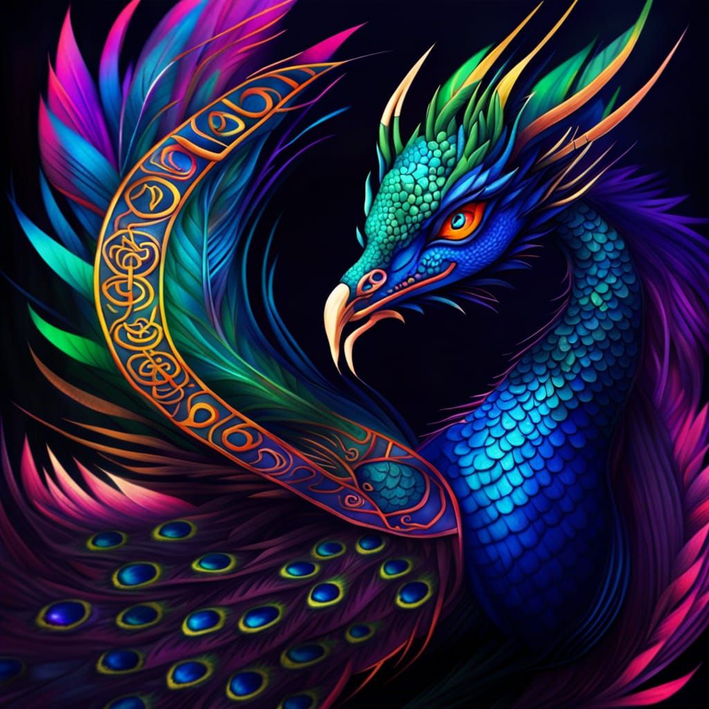 Mystical Dragon Peacock Hybrid in Anime Style