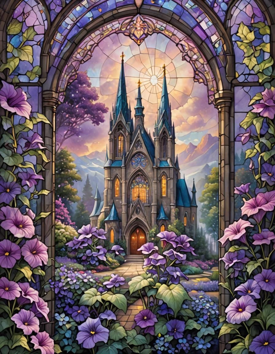 Stained Glass Cathedral with Purple Petunia