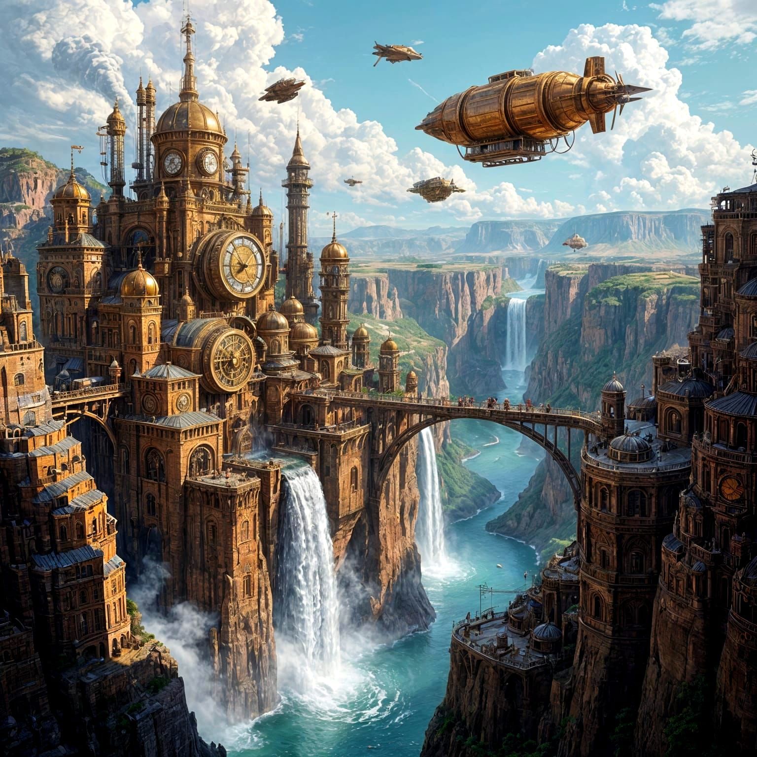 Steampunk City in Canyon with Clockwork Mechanisms