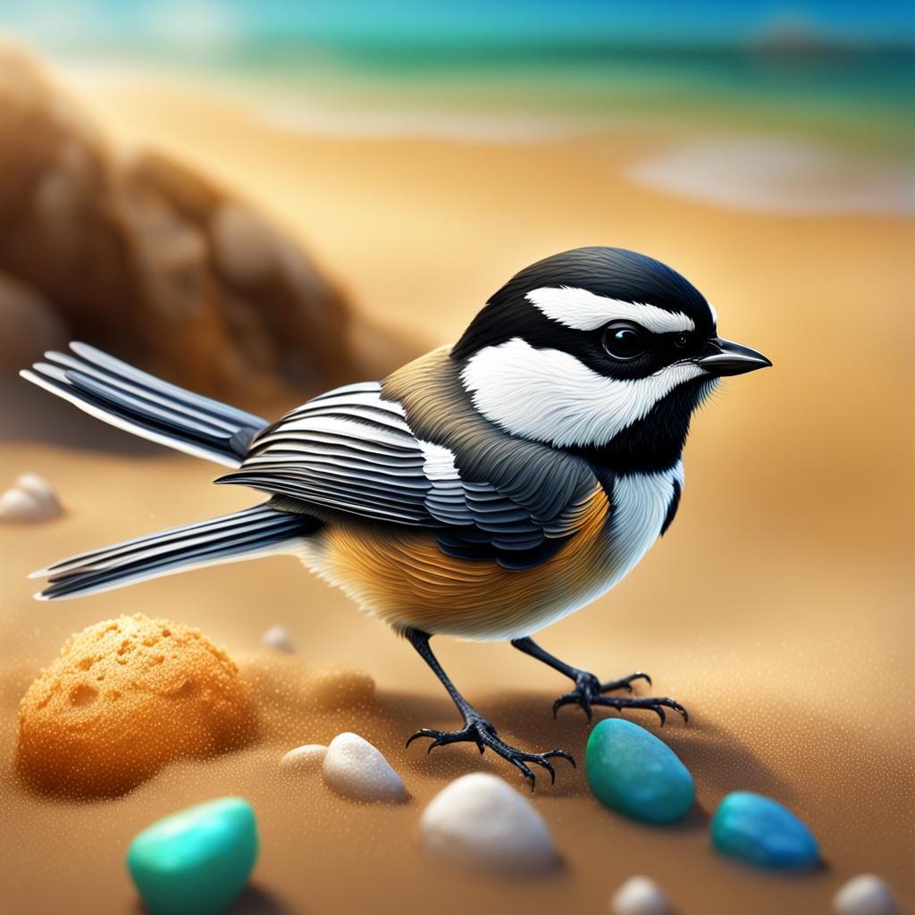 Chickadee on Beach in Hyperrealistic Splash Art