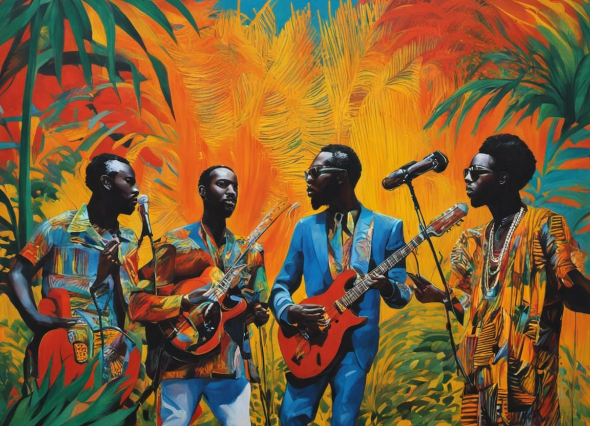 African Pop Band Acrylic Painting with Abstract Embellishmen...