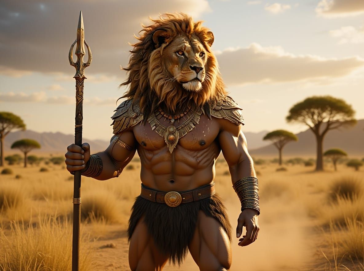 Lion-Human Hybrid Warrior in Golden Hour Savanna