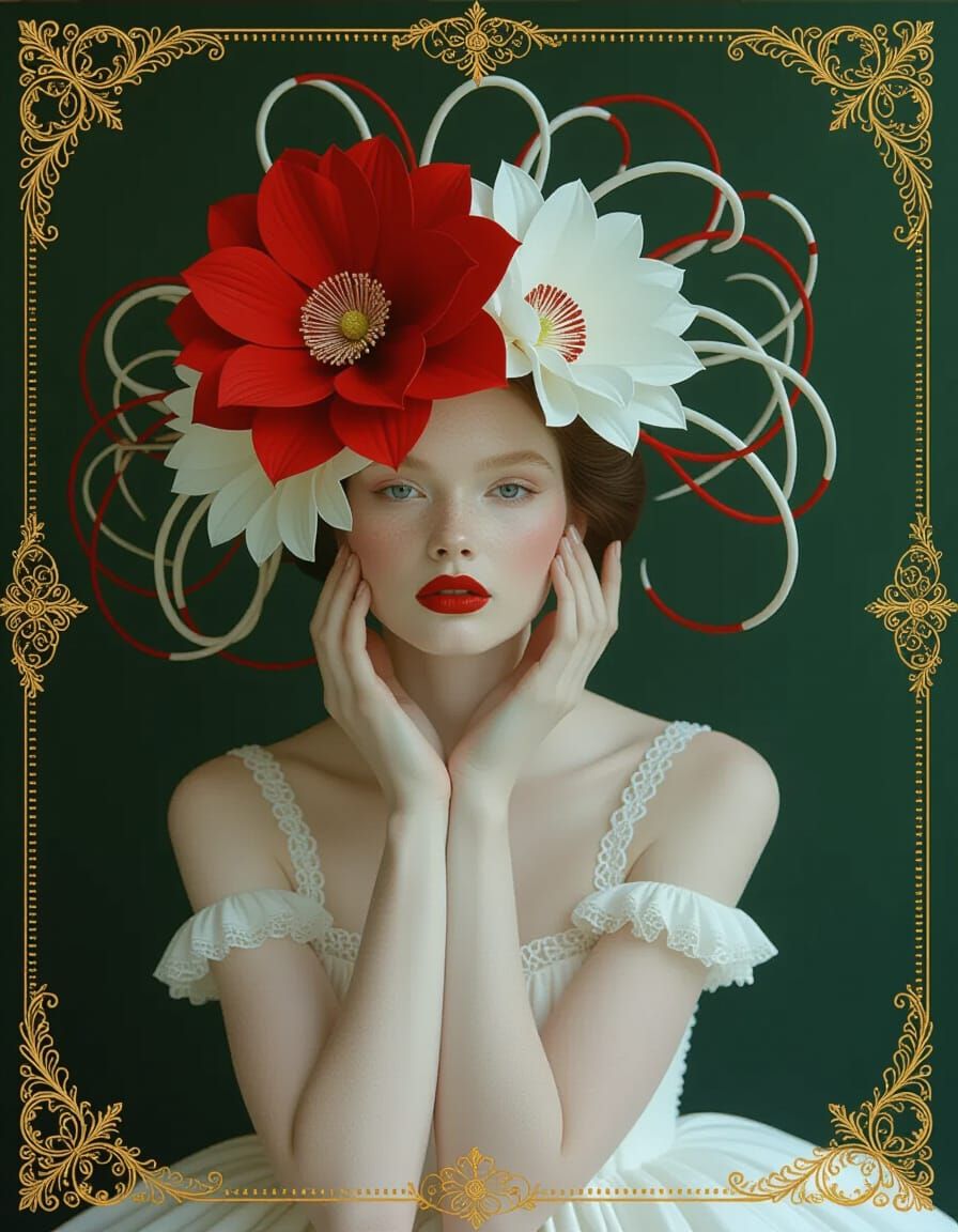Ethereal Woman with Red Flower, Fashion Photography
