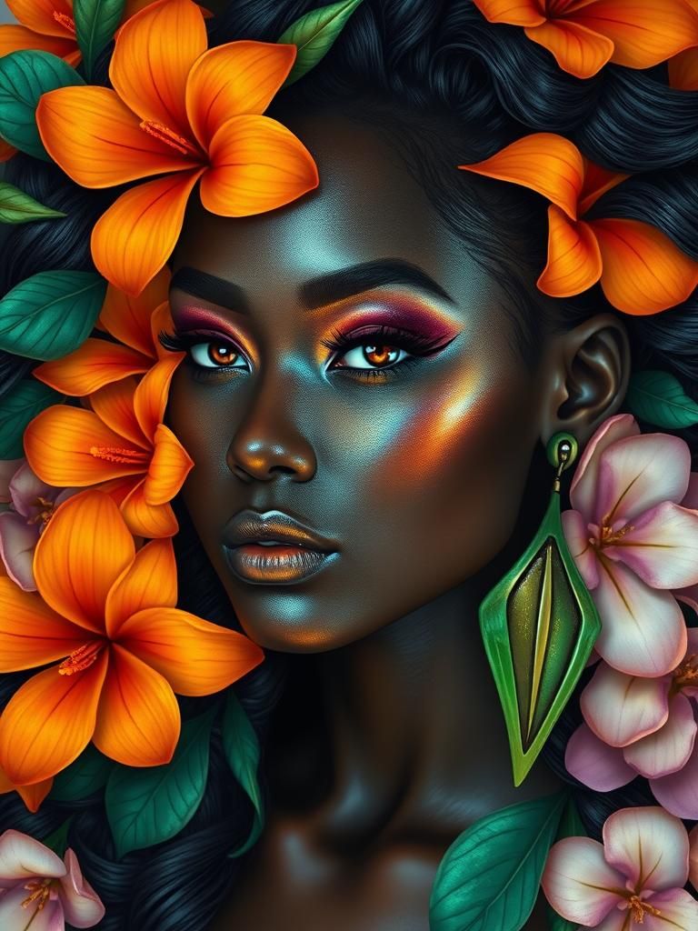 Enigmatic Woman with Metallic Skin and Floral Adornments