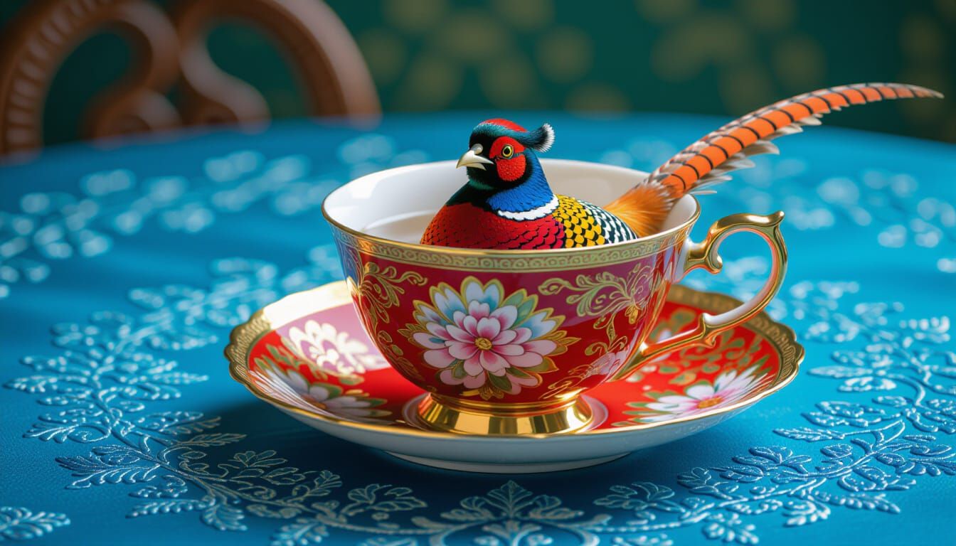 Golden Pheasant in Teacup on Embroidered Cloth