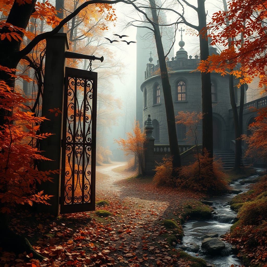 Mystical Autumnal Forest Gate with Abandoned Monastery