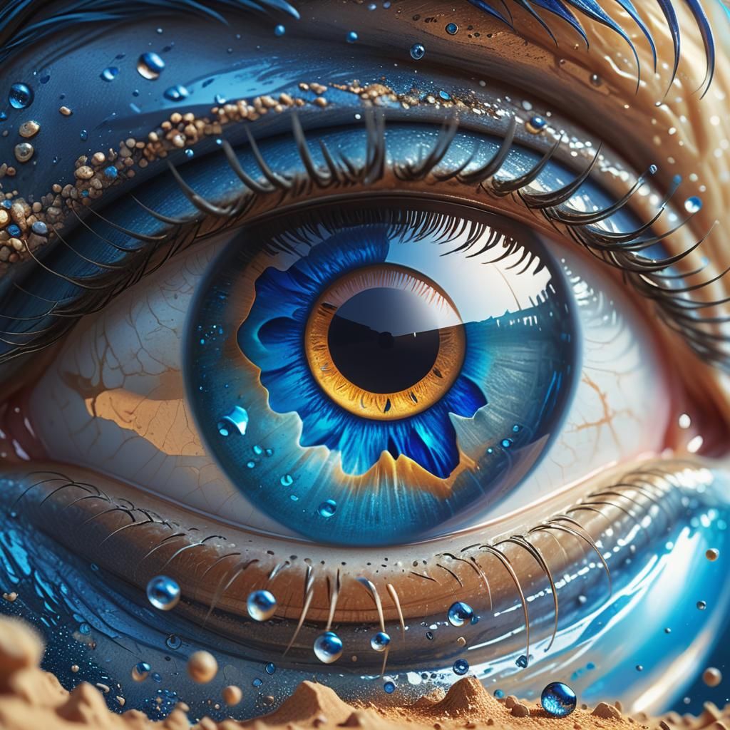 Human Eye in Desert Aquarium: Hyperrealistic Digital Art