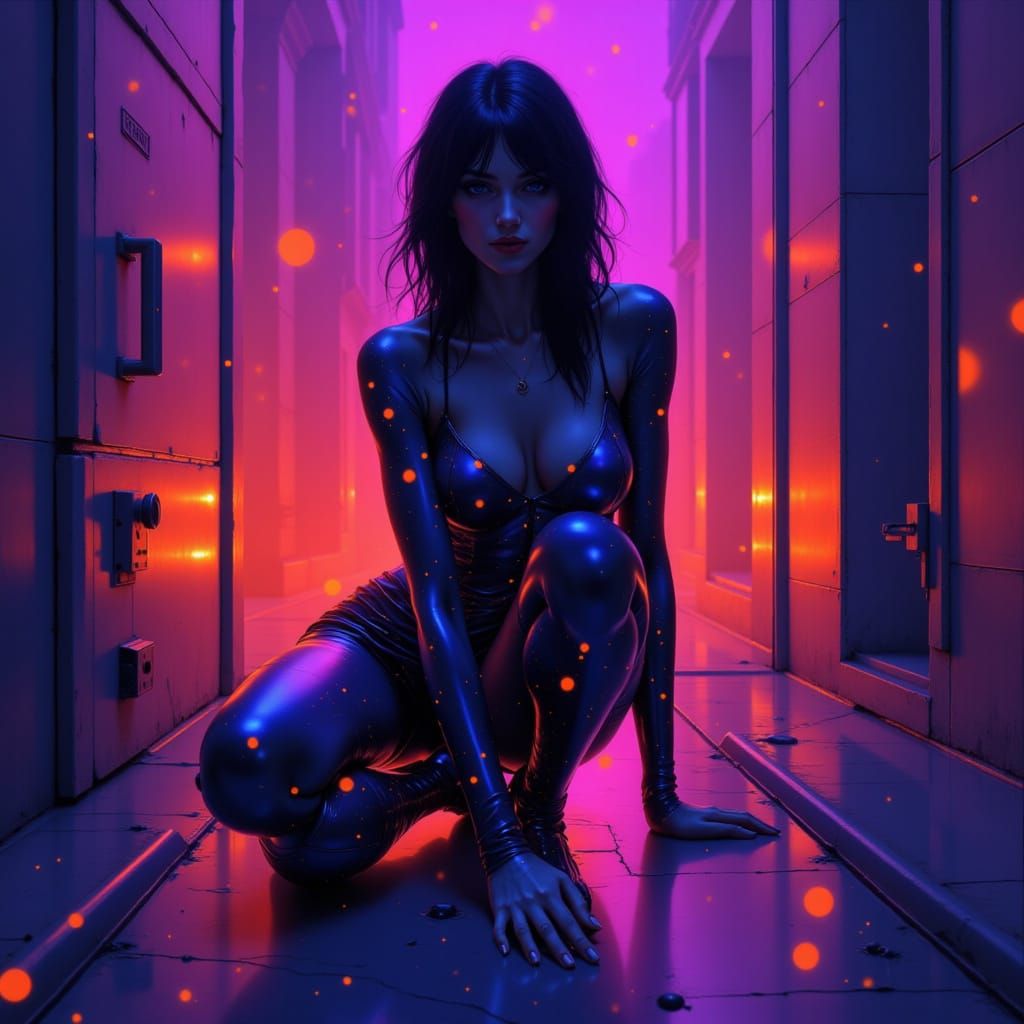 Mysterious Android Woman Pin-up kneeling in bioluminescent o...