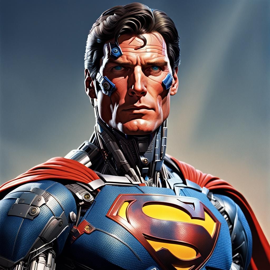 Cyborg Superman Portrait in Hyperrealistic Splash Art