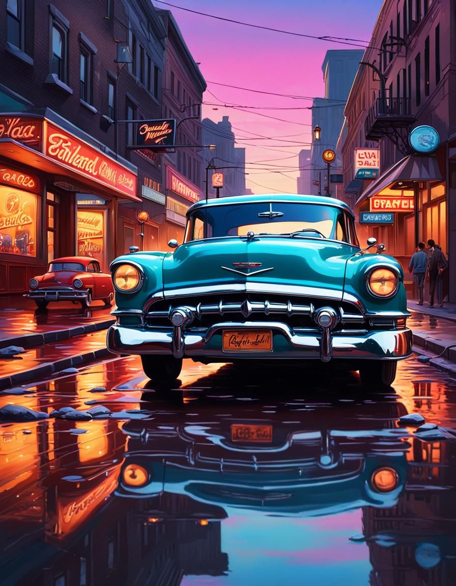 1950s Street Scene with Classic Cars and Neon