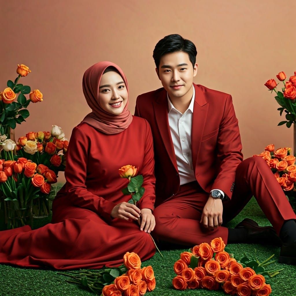 Korean Couple in Studio with Roses and Tulips