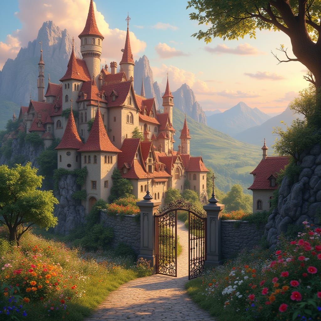 Colorful Walled Town in Valley of Dreams as 3D Render