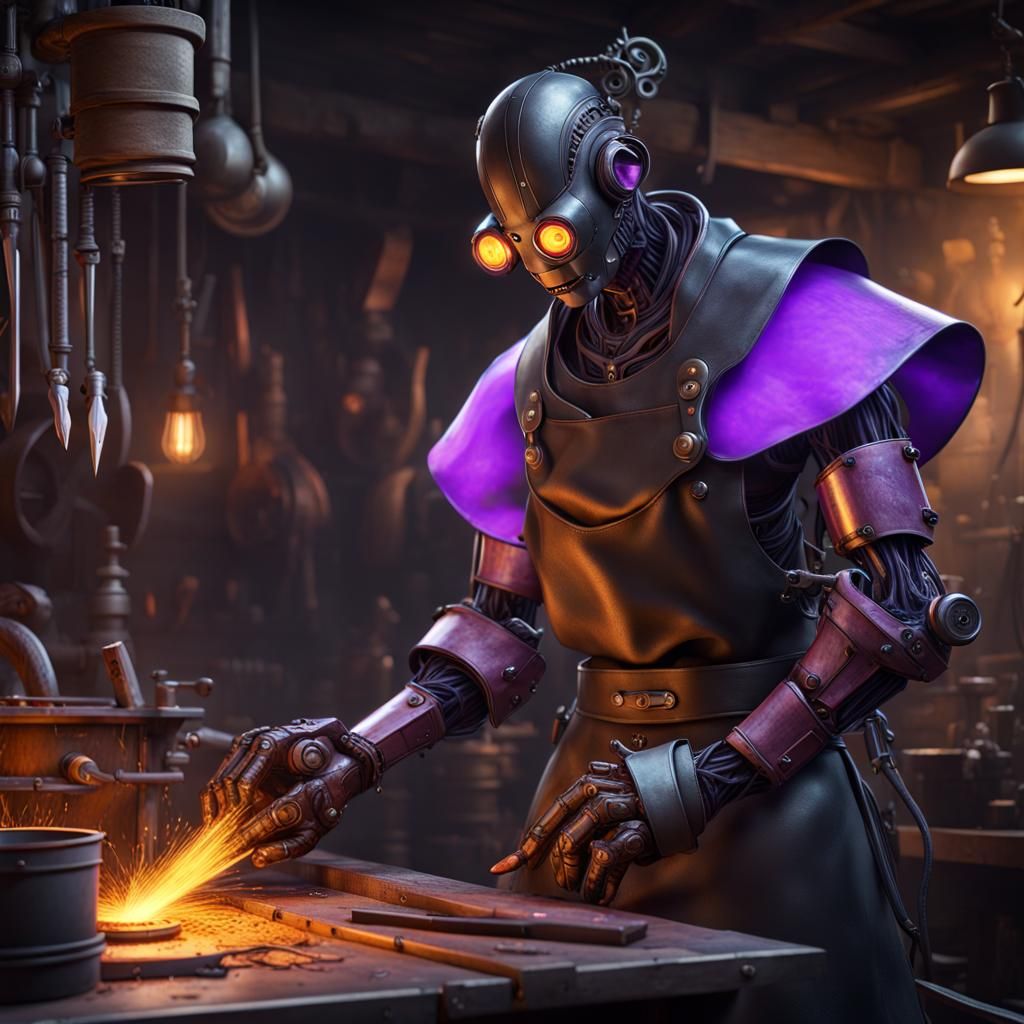 Black Robot Blacksmith in Dark Fantasy Concept Art