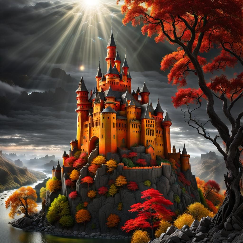 Eerie World Tree Castle in Autumn Landscape