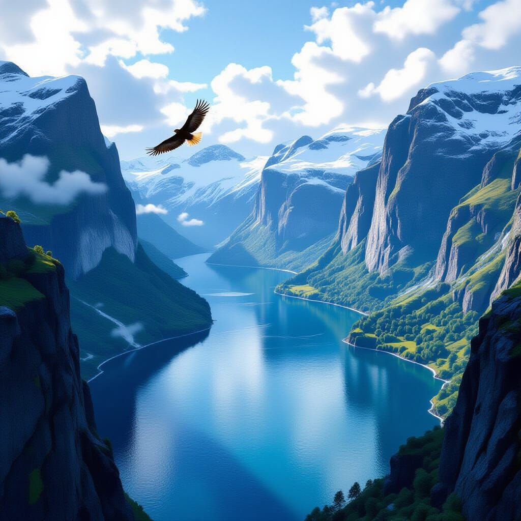 Majestic Hawk Soars Through Tranquil Fjord Landscape